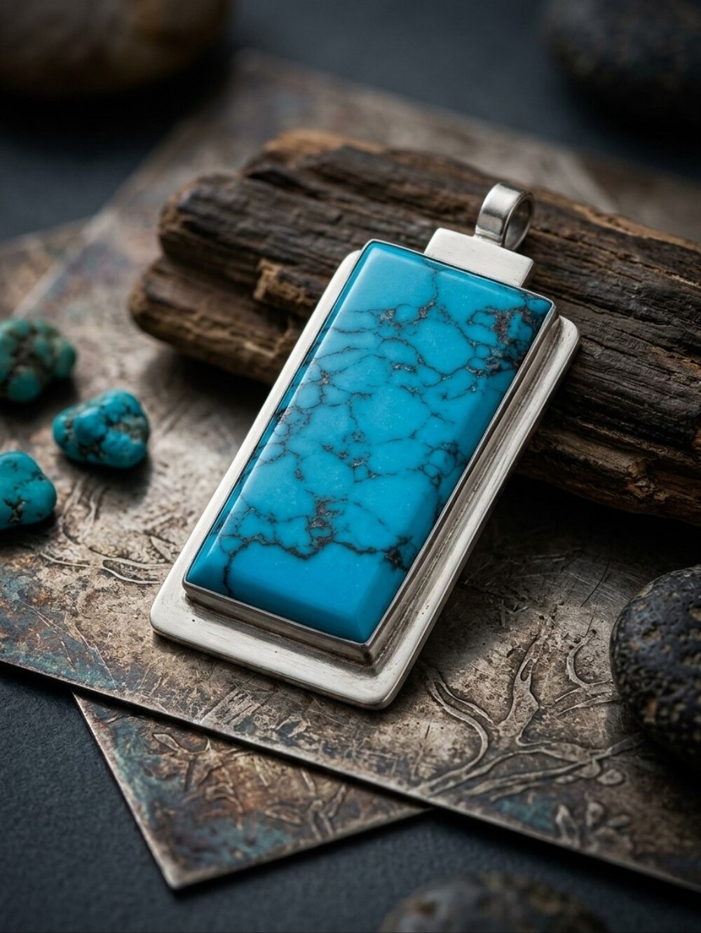 Vintage Modernist Sterling Silver Turquoise Pendant, 36 Grams
